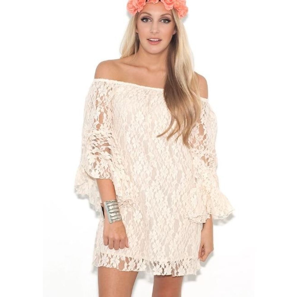 Elan Floral Lace Tunic Cream Off Shoulder Dress - Picture 1 of 7
